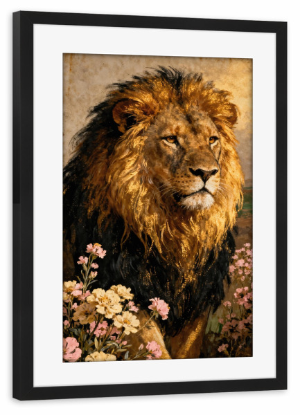 Poster mit Rahmen schwarz "Majestic Lion Among Wildflowers" artboxONE - Tiere,Abstrakt