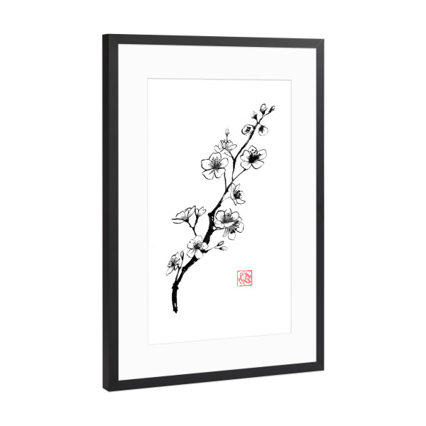 Poster mit Rahmen Schwarz (Metallic) "Sakura branch" artboxONE - Natur,Floral - Cherry,Flower,Sumie,Japan