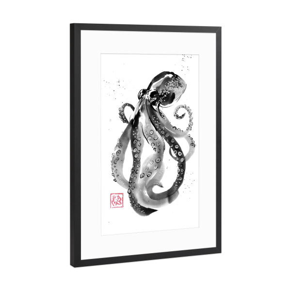 Poster mit Rahmen Schwarz (Metallic) "Octopuss" artboxONE - Tiere,Schwarzweiß - Octopus,Sumie,Japan