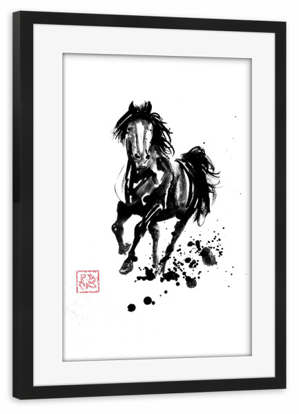 Poster mit Rahmen schwarz "Laufendes schwarzes Pferd" artboxONE - Tiere,Schwarzweiß - Pferd,Sumie,Japan,Tiere