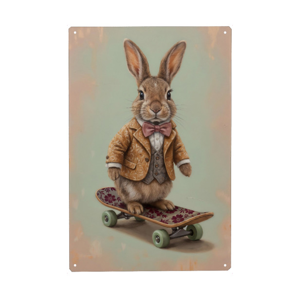 Holzbild "Kaninchen auf einem Skateboard" artboxONE - Tiere,Abstrakt - Kaninchen,Skateboard,Elegant,Anzug,Fliege,Charmant,Skurril,Pastell,Süß,Tier