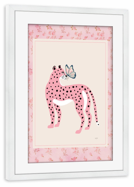 Poster mit Rahmen weiß "Flatteriger Freund" artboxONE - Tiere - Katze,Schmetterling,Gepard,Rosa