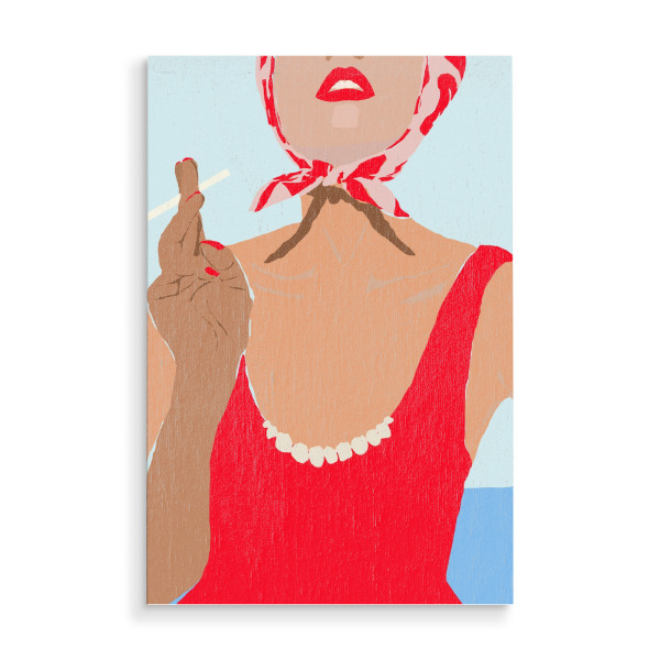 Holzbild "Heisser Sommer" artboxONE - Reise,Menschen - Sommer,Rot,Badeanzug,Strand,Sexy,Rote lippen,Zigarette,Rauchen,Illustration,Meer,Frau,Lips