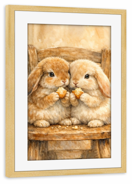 Poster mit Rahmen kiefer "Adorable Bunnies Sharing a Snack" artboxONE - Tiere,Abstrakt - Hasen,Süß,Flauschig,Holzstuhl,Snack,Tiere,Weich,Bezaubernd