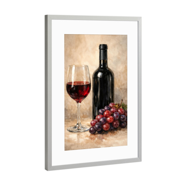 Poster mit Rahmen Silber "Weinflasche mit Glas und Trauben" artboxONE - Abstrakt,Essen & Trinken / Alkohol,Essen & Trinken / Obst & Gemüse