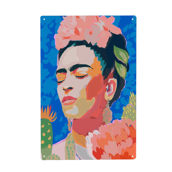 Metall Poster "Tagträumende Frida" artboxONE - Menschen,Für Mama - Frida,Kahlo,Floral,Blume,Blumen,Cut out,Gesicht,Künstlerin,Kunst,Illustration