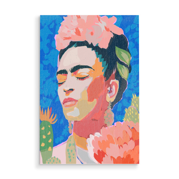 Holzbild "Tagträumende Frida" artboxONE - Menschen,Für Mama - Frida,Kahlo,Floral,Blume,Blumen,Cut out,Gesicht,Künstlerin,Kunst,Illustration