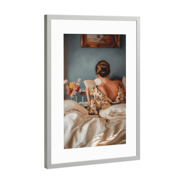Poster mit Rahmen Silber "Ruhende Frau mit Buch" artboxONE - Floral,Abstrakt,Menschen