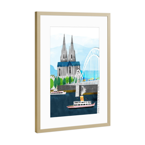 Poster mit Rahmen Gold "Köln Dom und Rhein" artboxONE - Städte,Städte / Köln,Reise,Architektur