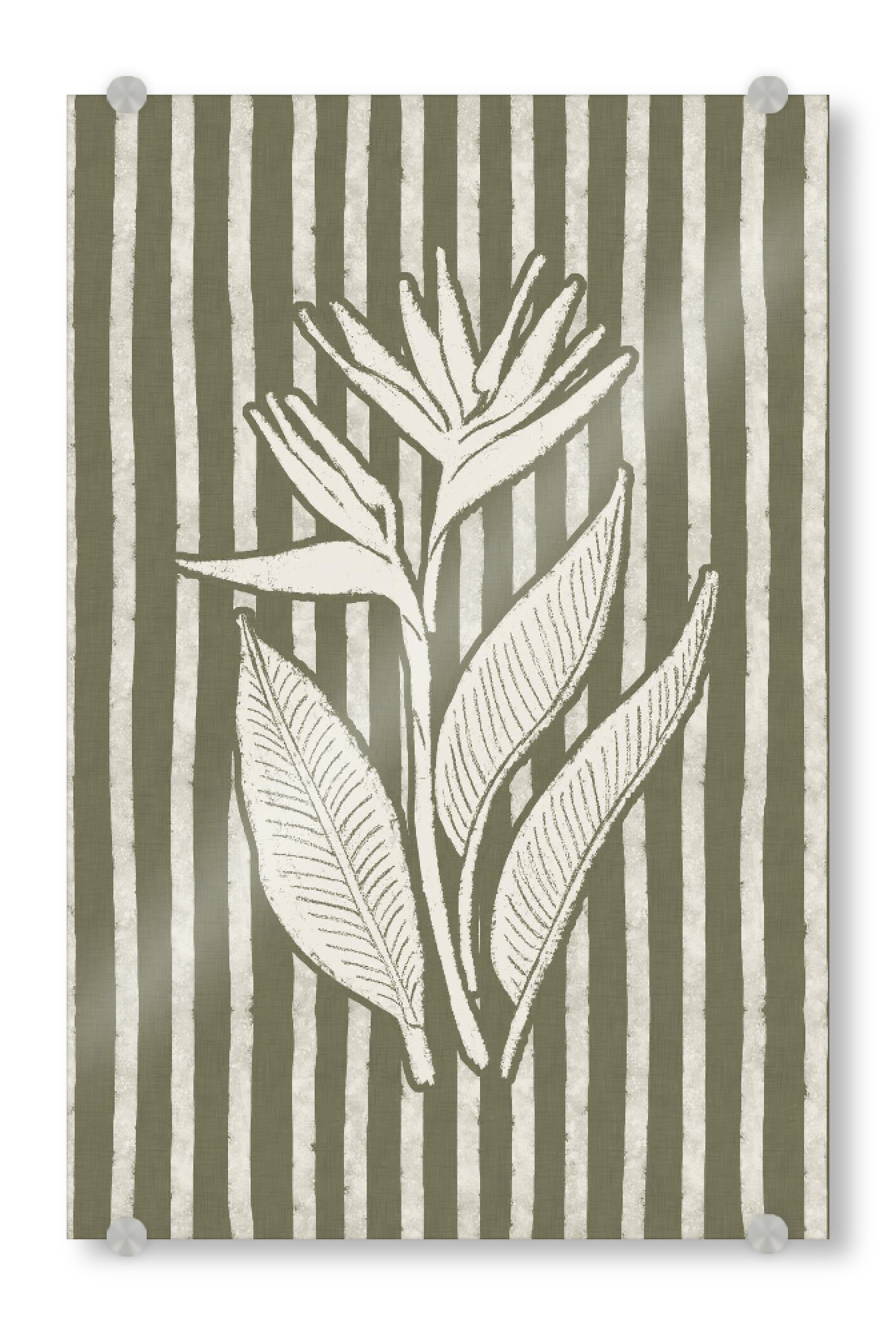 Acrylglasbild "Paradiesvogel Holzschnitt Olive" artboxONE - Natur,Floral - Botanisch,Blockdruck,Strelitzia,Streifen,Minimal,Minimalismus,Rustikal