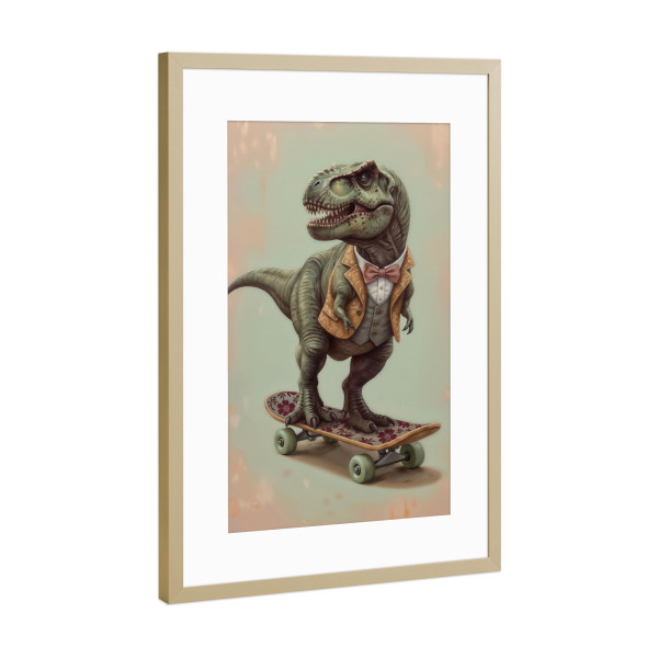 Poster mit Rahmen Gold "Dinosaurier auf einem Skateboard" artboxONE - Für Kinder,Tiere,Abstrakt