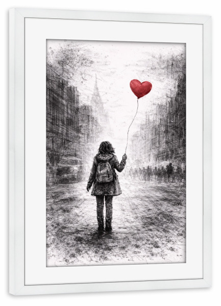 Poster mit Rahmen weiß "Girl with a Heart Balloon" artboxONE - Abstrakt,Menschen,Liebe