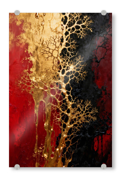 Acrylglasbild "Goldene Zweige auf Rot und Schwarz" artboxONE - Abstrakt - Golden,Zweige,Abstrakt,Rot,Schwarz,Metallisch,Textur,Fluss,Kontrast,Muster
