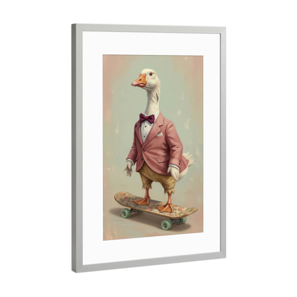 Poster mit Rahmen Silber "Dapper Goose auf einem Skateboard" artboxONE - Für Kinder,Tiere,Abstrakt