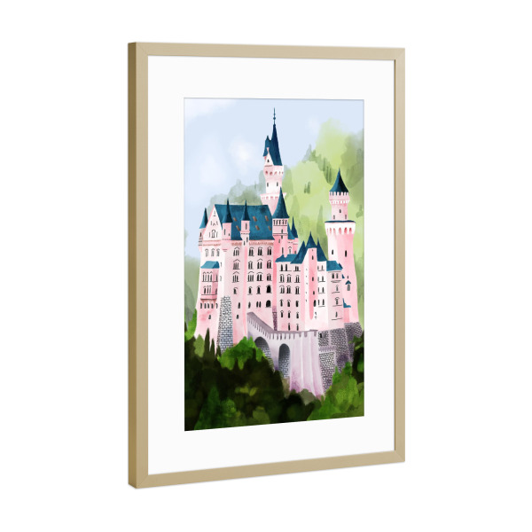 Poster mit Rahmen Gold "Schloss Illu Neuschwanstein" artboxONE - Städte,Städte / München,Reise,Für Kinder,Architektur