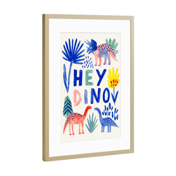 Poster mit Rahmen Gold "Hey Dino" artboxONE - Für Kinder,Tiere,Lustig - Dino,Dinosaurer,Text,Lustig,Illustration,Kinderzimmer,Farbenfroh,Jungs