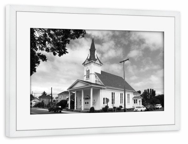 Poster mit Rahmen weiß "Wooden Church" artboxONE - Reise,Schwarzweiß,Architektur,Reise / Länder