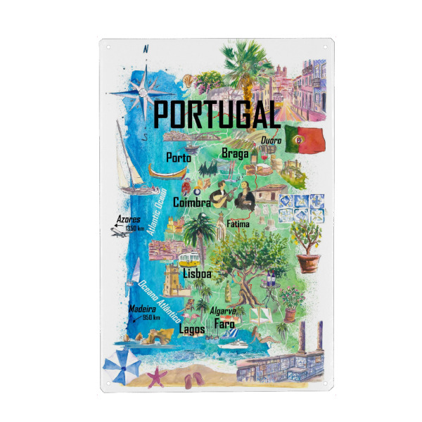 Metall Poster "Portugal illustrierte Karte" artboxONE - Reise,Kartografie