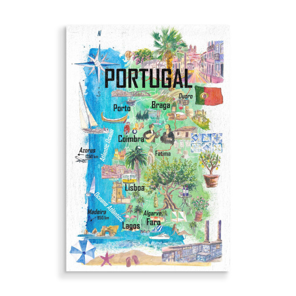 Holzbild "Portugal illustrierte Karte" artboxONE - Reise,Kartografie