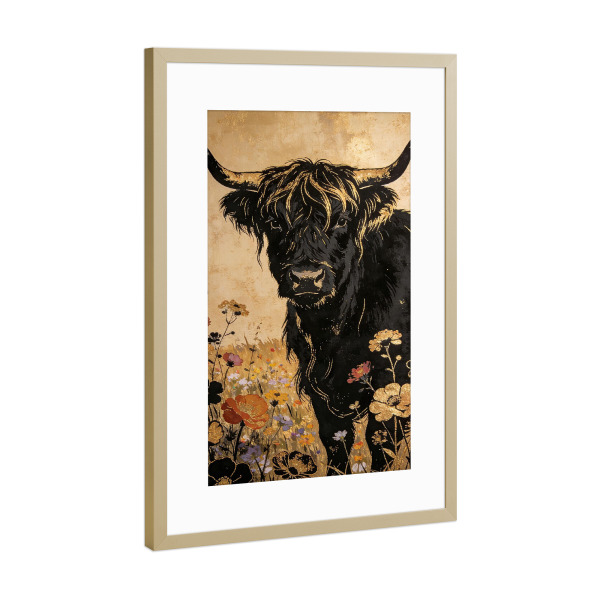Poster mit Rahmen Gold "Hochlandkuh unter Wildblumen" artboxONE - Tiere,Abstrakt