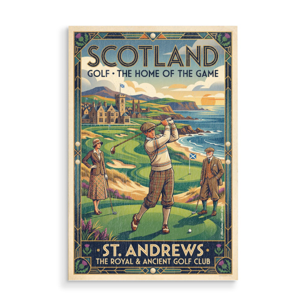 Holzbild "Golf im alten Schottland" artboxONE - Sport - Golf,Fairway,Grün,Schottland,Rau,Bunker,Fahren,Putt,Chip,Pitch,Zeichnen,Haken,Par,Birdie,Eagle