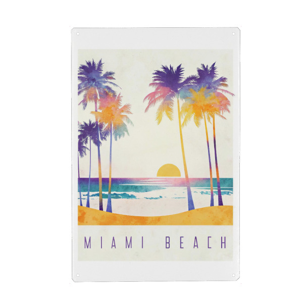 Metall Poster "Sonnenuntergang am Miami Beach" artboxONE - Städte,Reise,Abstrakt - Sonnenuntergang,Palmen,Meer,Strand,Retro,Tropisch,Wellen