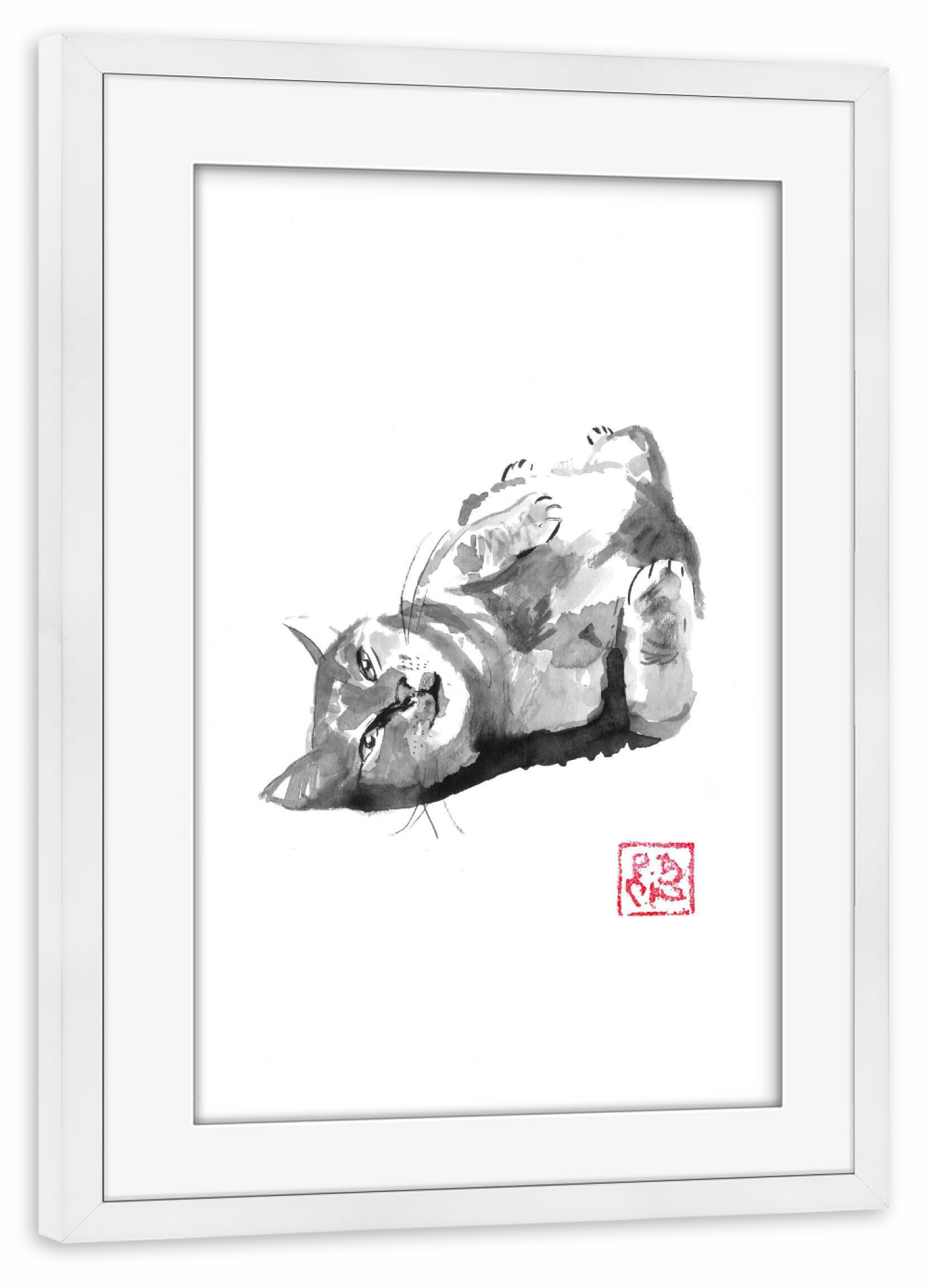 Poster mit Rahmen weiß "Teppichkatze" artboxONE - Tiere,Schwarzweiß - Katze,Sumie,Japan