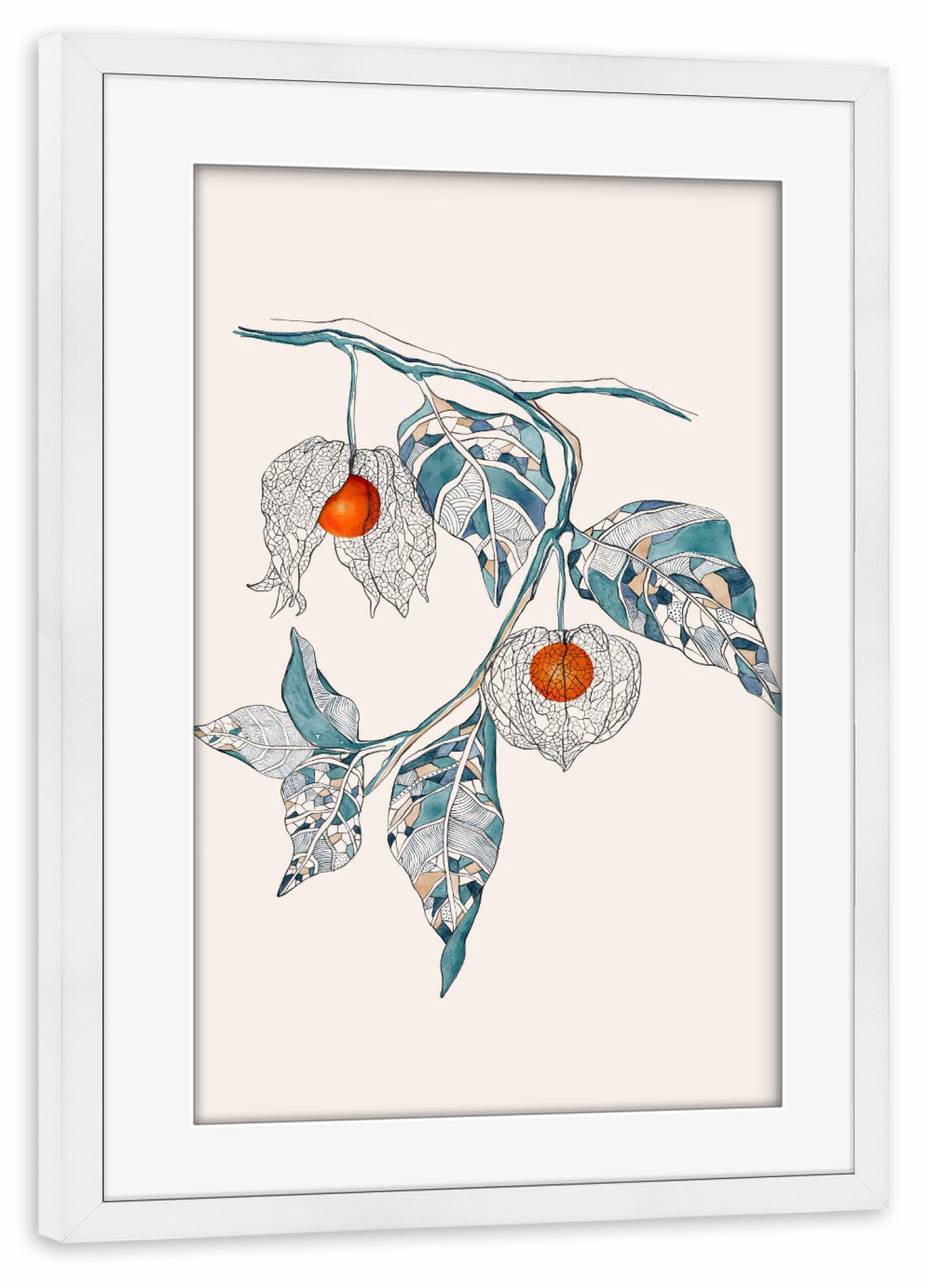 Poster mit Rahmen weiß "Cats & Dotz - Laternen" artboxONE - Natur,Floral - Natur,Blüte,Herbst,Lampion,Laterne,Botanik,Pflanze,Garten,Blume