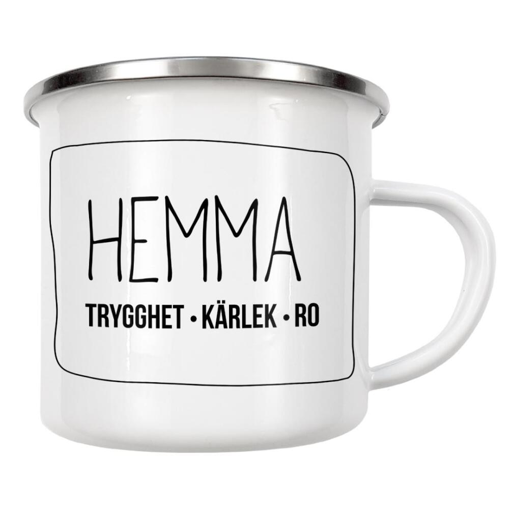 Emaille Tasse "Hemma Trygghet Kärlek Ro" artboxONE - Typografie,Schwarzweiß,Liebe