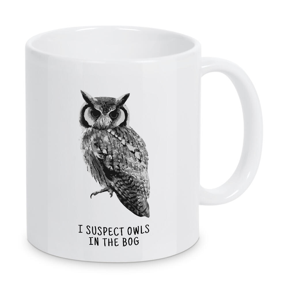 Tasse "I Suspect Owls" artboxONE - Typografie,Tiere,Schwarzweiß - Spruch,Eule,Unsicherheit,Komisch,Nacht,Schwedisch