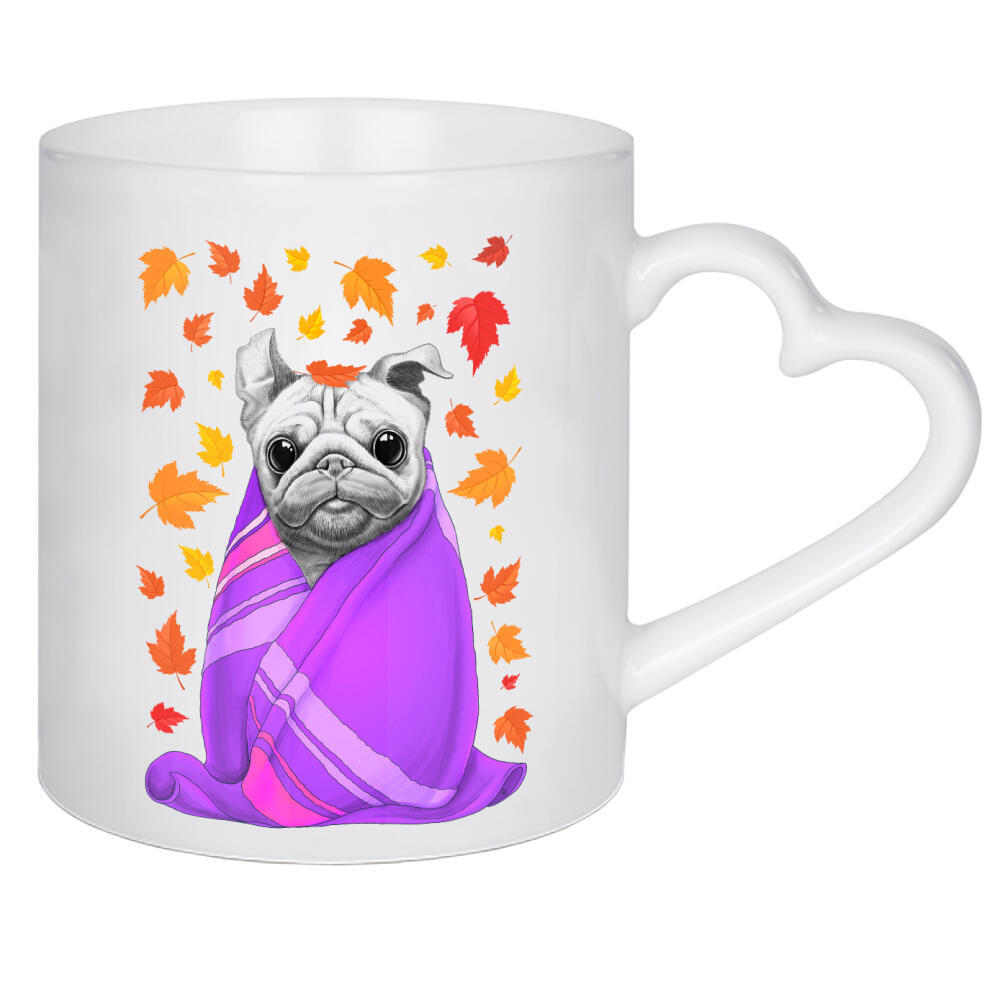 Herztasse "Autumn Pug" artboxONE - Natur,Für Kinder,Tiere,Schwarzweiß - Pug,Hund,Tier,Natur,Herbst,Blätter,Kariert,Niedlich,Stimmung