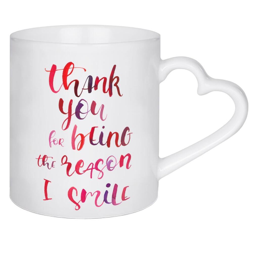 Herztasse "Thank you 2" artboxONE - Typografie,Liebe - Handlettering,Typografie,Aquarell,Liebe,Spruch,Saying,Quote,Lächeln,Paar,Couple,Danke,Verliebt