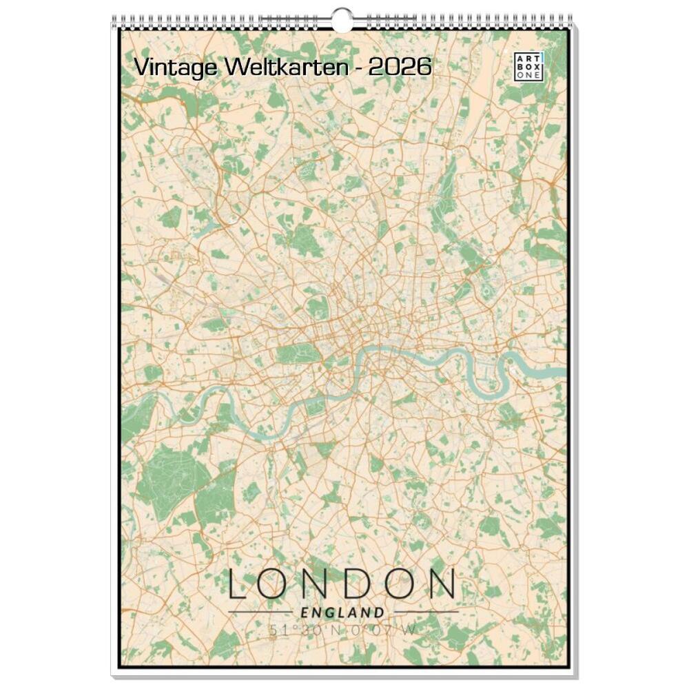 artboxONE Wandkalender A2 2026 Vintage Weltkarten Karten