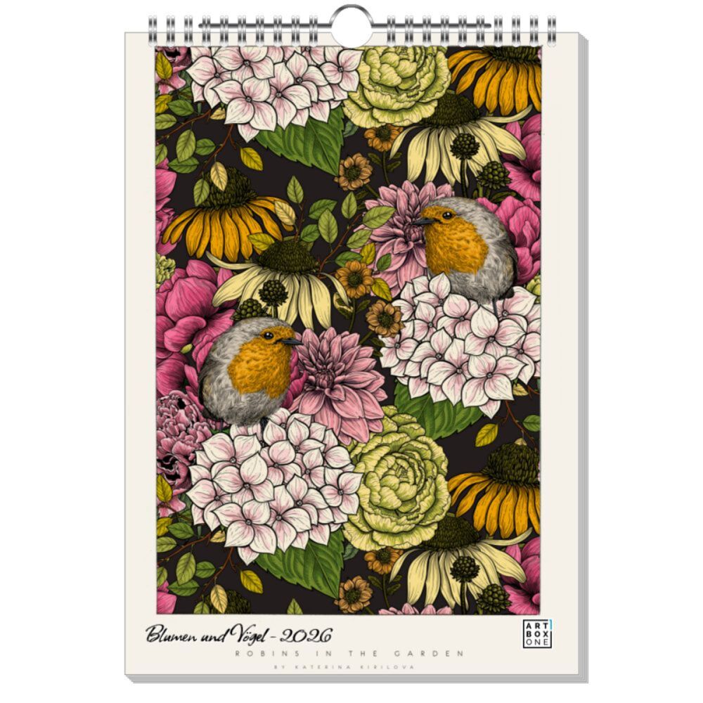 artboxONE Wandkalender A4 2026 Blumen und Vögel Floral