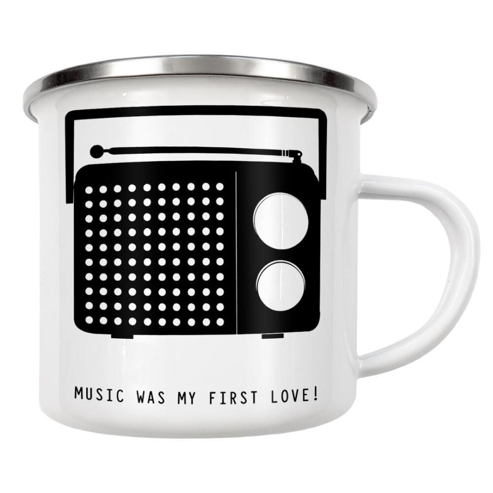 Emaille Tasse "Music was my first love! Black" artboxONE - Typografie,Schwarzweiß,Musik,Festivals