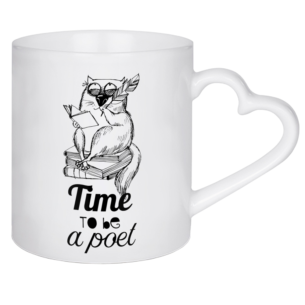 Herztasse "Time to be a poet" artboxONE - Typografie,Tiere,Schwarzweiß - Funny,Cat,Illustration,Sketch,Katze,Cat content,Katzenliebe,Verrückt,Faul