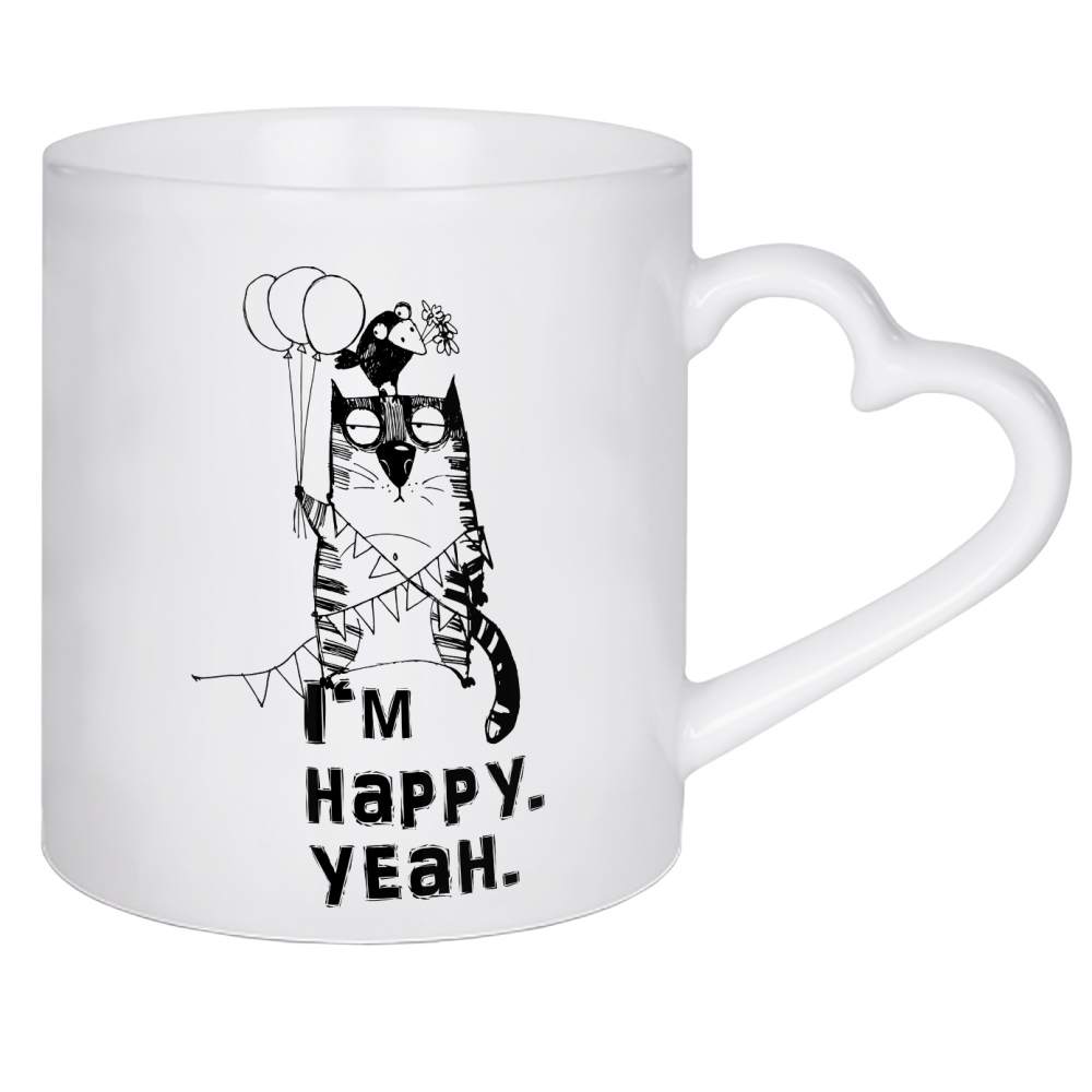 Herztasse "I'm happy. yeah" artboxONE - Typografie,Tiere,Schwarzweiß - Funna,Cat,Illustration,Katze,Cat content,Katzenliebe,Verrückt,Faul