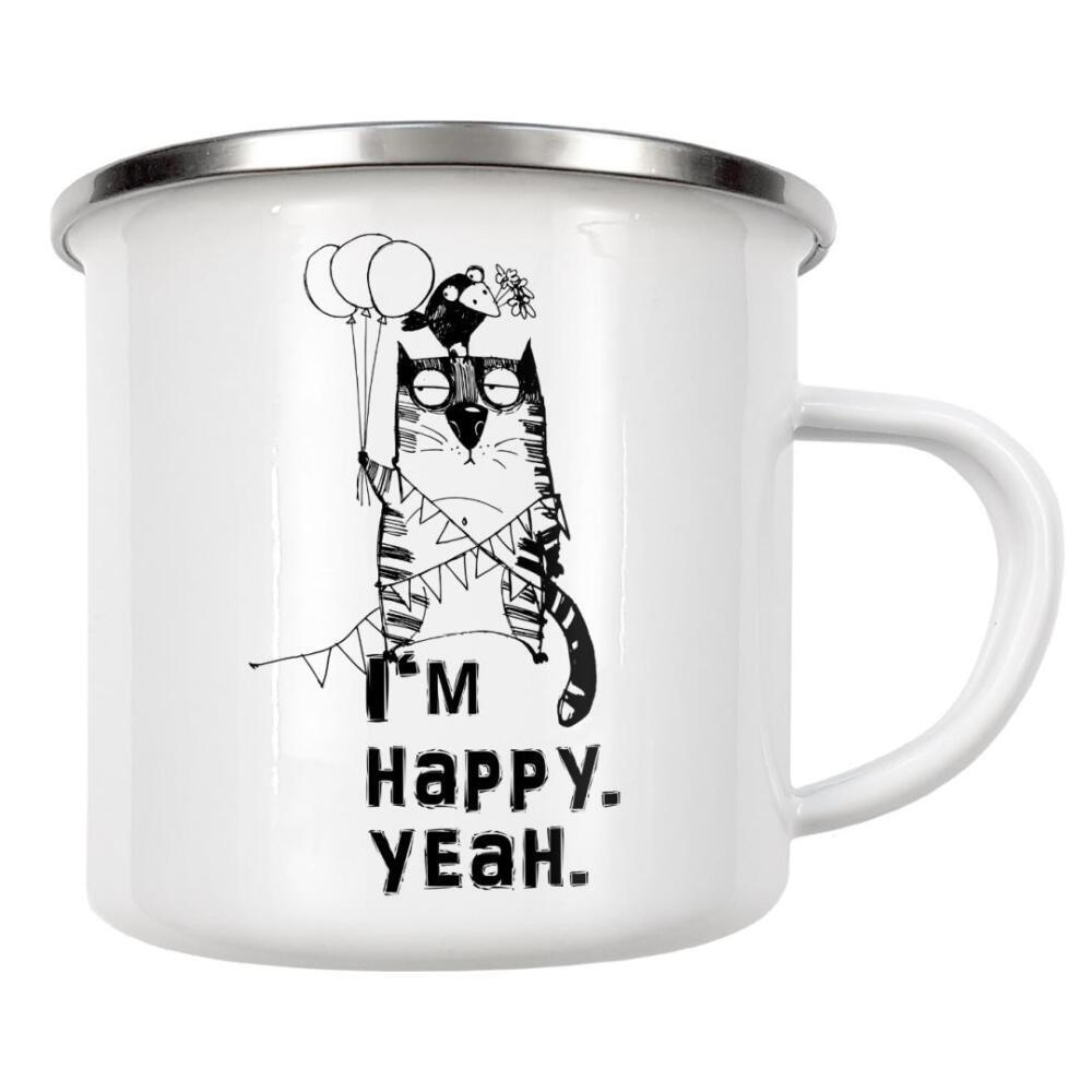 Emaille Tasse "I'm happy. yeah" artboxONE - Typografie,Tiere,Schwarzweiß - Funna,Cat,Illustration,Katze,Cat content,Katzenliebe,Verrückt,Faul