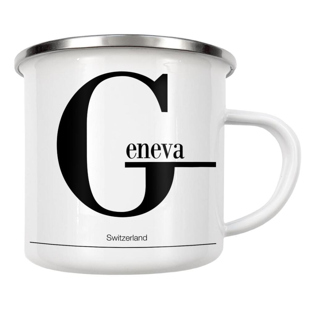 Emaille Tasse "Genf 16" artboxONE - Städte,Typografie,Reise,Schwarzweiß,Reise / Länder,Städte / Weitere