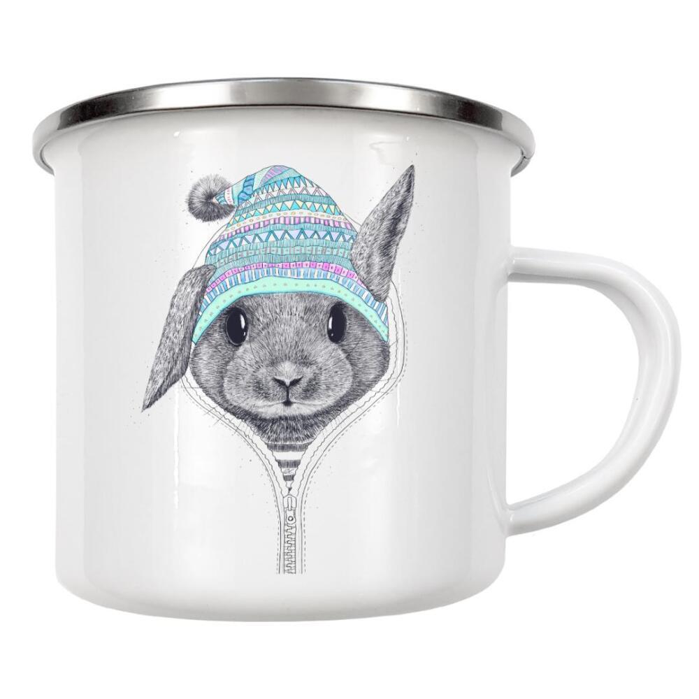 Emaille Tasse "Rabbit in a hood" artboxONE - Natur,Tiere,Schwarzweiß,Liebe,Weihnachten