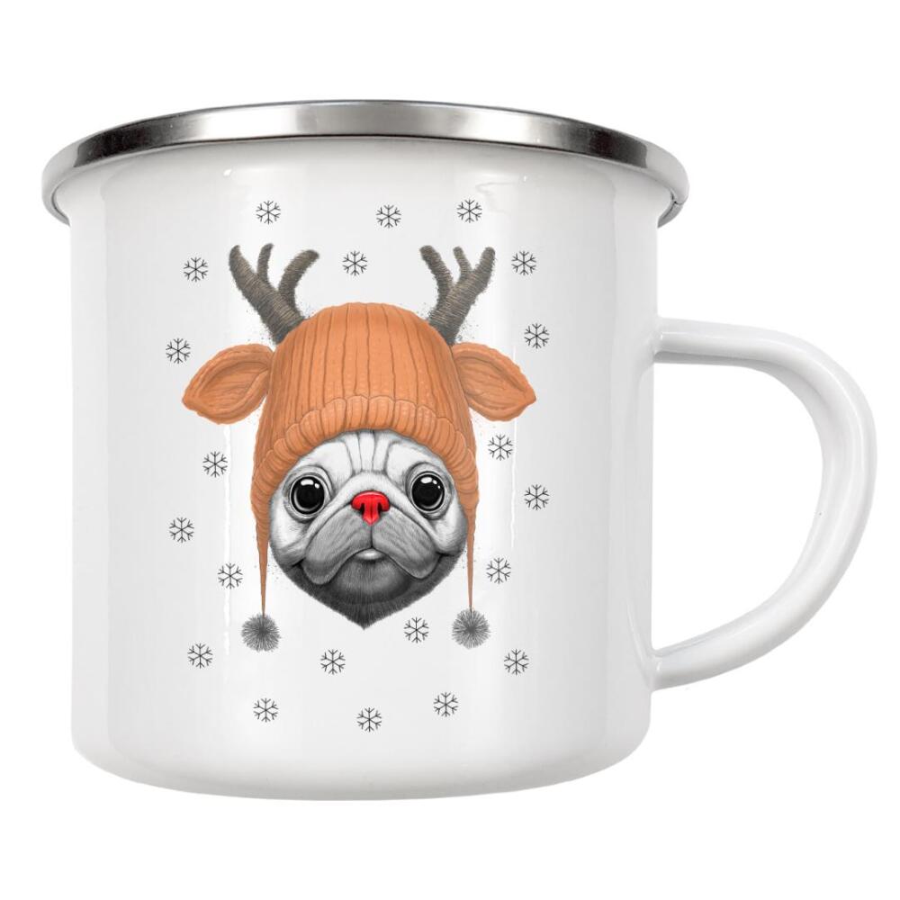 Emaille Tasse "Rudolph pug" artboxONE - Natur,Tiere,Schwarzweiß,Weihnachten,Lustig - Pug,Hund,Tier,Winter,Schnee,Weihnachten,Weihnachten