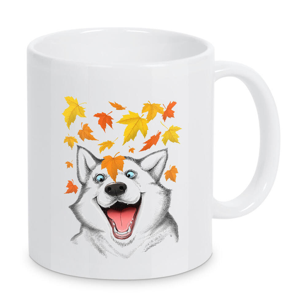 Tasse "Autumn husky" artboxONE - Natur,Tiere,Schwarzweiß,Lustig - Husky,Hund,Tier,Herbst,Blätter,Glücklich,Kunst,Kunstwerk,Drucken