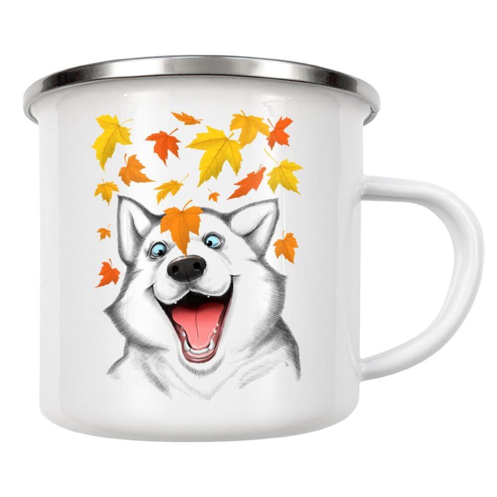 Emaille Tasse "Autumn husky" artboxONE - Natur,Tiere,Schwarzweiß,Lustig - Husky,Hund,Tier,Herbst,Blätter,Glücklich,Kunst,Kunstwerk,Drucken