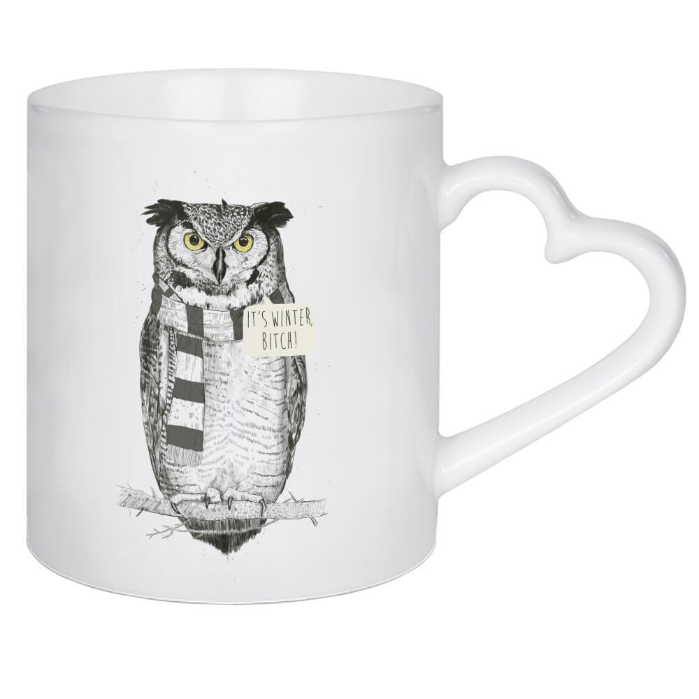 Herztasse "It ́s winter" artboxONE - Tiere,Schwarzweiß,Lustig - Eule,Winter,Its cold,Cold,Snow,Schnee,Kalt,Schal,Scarf,Owl