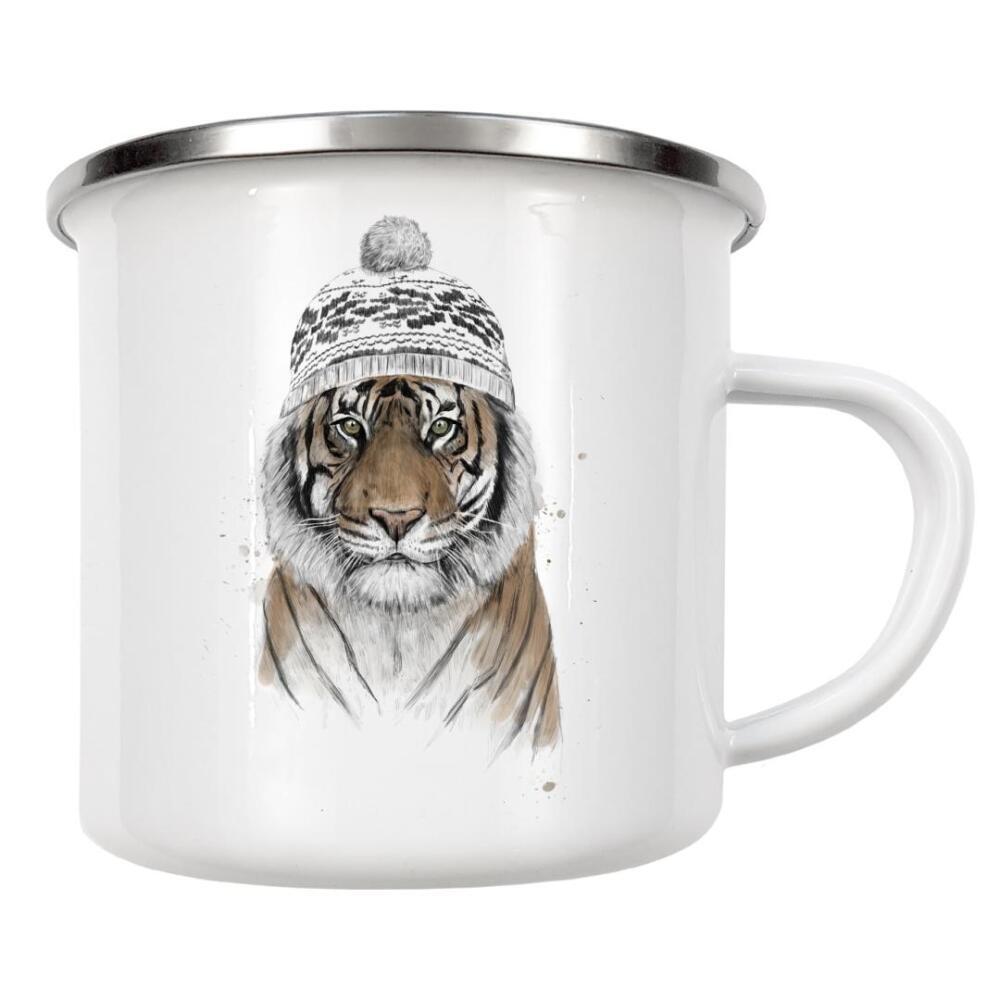 Emaille Tasse "Siberian Tiger" artboxONE - Tiere,Schwarzweiß,Weihnachten - Sibirian,Sibirien,Tiger,Winter,Weihnachten,Christmas,Mütze,Cold,Kalt