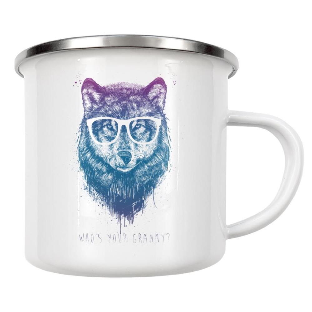 Emaille Tasse "Whos your granny" artboxONE - Tiere,Lustig - Wolf,Granny,Rotkäppchen,Red riding hood,Fairy tale