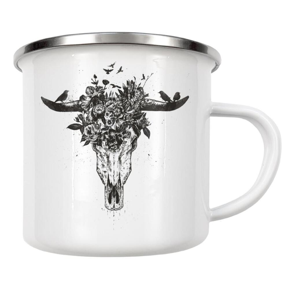 Emaille Tasse "Dead summer (bw)" artboxONE - Tiere,Schwarzweiß - Skull,Bull,Floral,Flower,Nature,Spring,Summer,Black and white,Ink,Tattoo,Animal