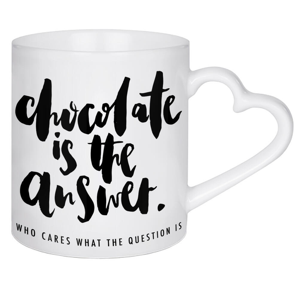 Herztasse "Chocolate Is The Answer" artboxONE - Typografie,Essen & Trinken,Schwarzweiß,Lustig