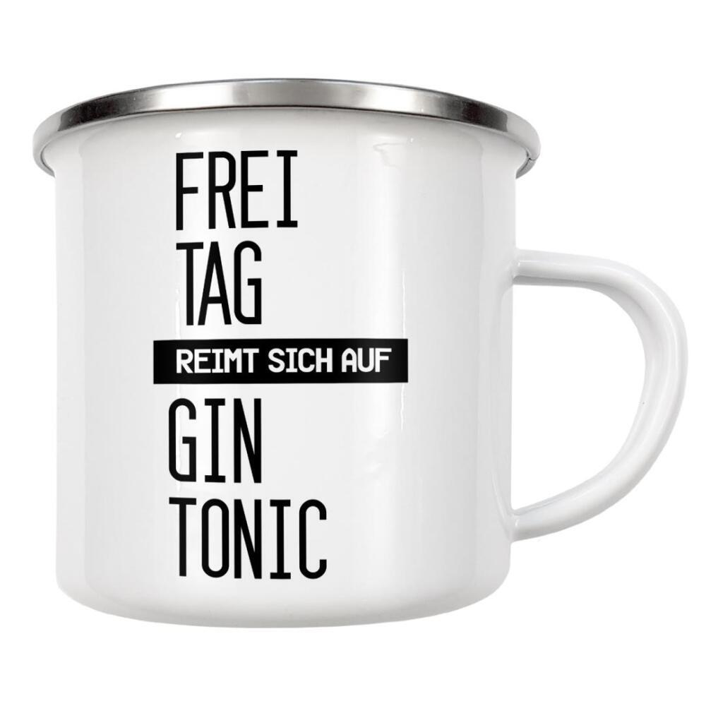 Emaille Tasse "Freitag" artboxONE - Typografie,Essen & Trinken,Schwarzweiß,Männer,Essen & Trinken / Alkohol,Lustig