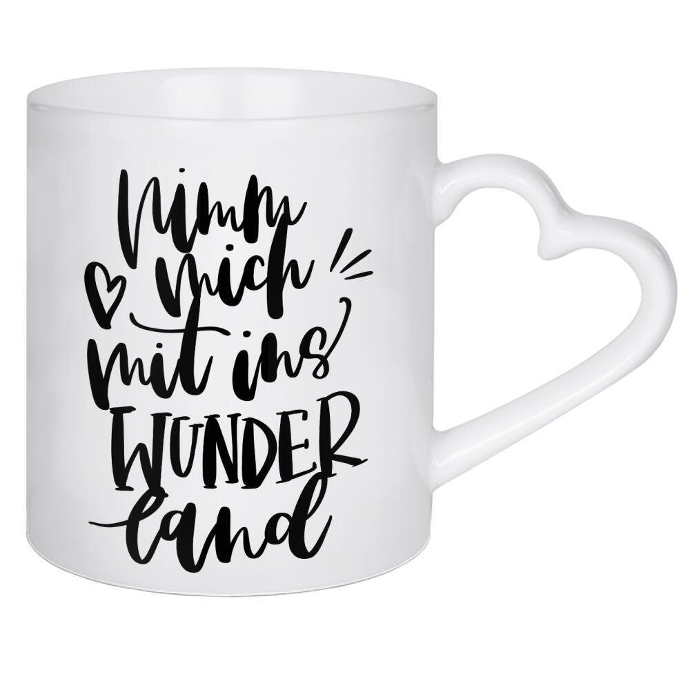 Herztasse "Wunderland" artboxONE - Typografie,Liebe - Wunderland,Reisen,Weg,Feminin,Girl,Girls,Frauen,Freunde,Freundschaft,Partner,Freund,Freundin